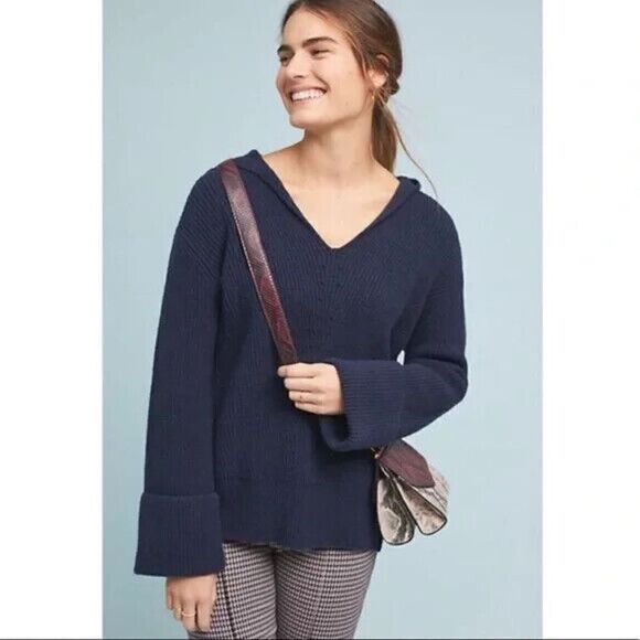 NEW! ANTHROPOLOGIE Navy blue chunk knit oversized pullover hoodie sweater Large - Picture 1 of 8